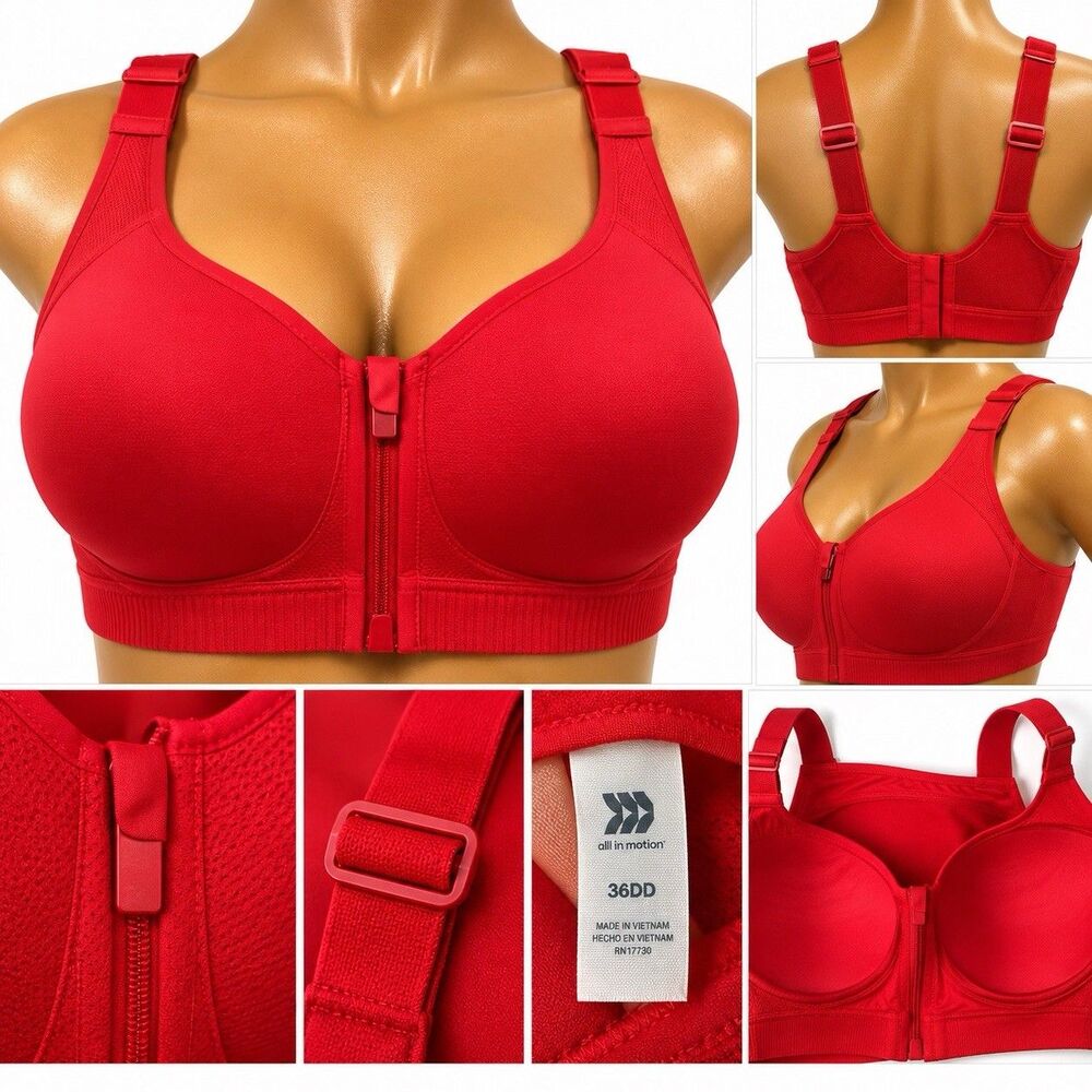 All in Motion High Support Sculpt Red Zip Front Sports Bra 36DD Wireless NWOT
